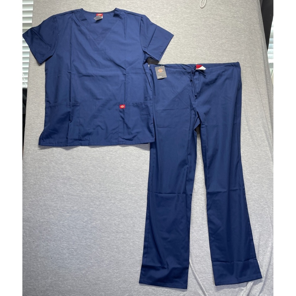 Dickies Top and Pant Medical Scrub Set Unisex Medium Navy Blue V Neck Drawstring